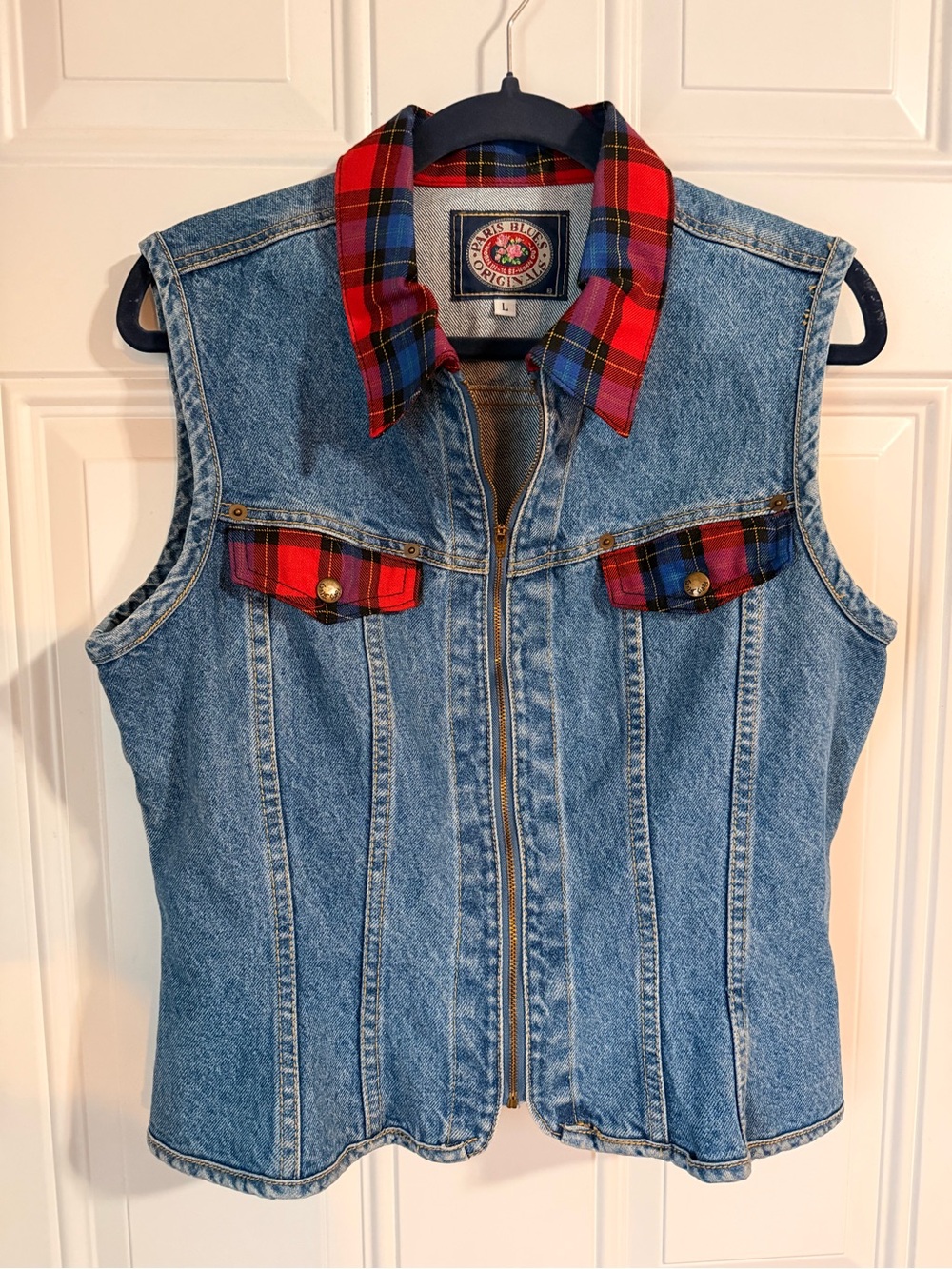 Paris Blues Blue Denim Vest with Red Plaid Trim